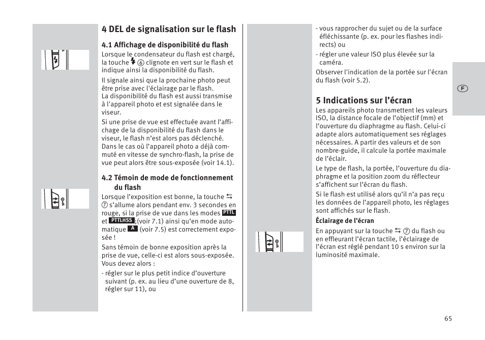 4 del de signalisation sur le flash, 5 indications sur l’écran | Metz MECABLITZ 64 AF-1 digital Pentax User Manual | Page 65 / 326