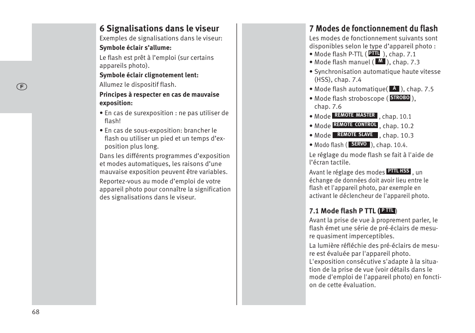 6 signalisations dans le viseur, 7 modes de fonctionnement du flash | Metz MECABLITZ 64 AF-1 digital Pentax User Manual | Page 68 / 326