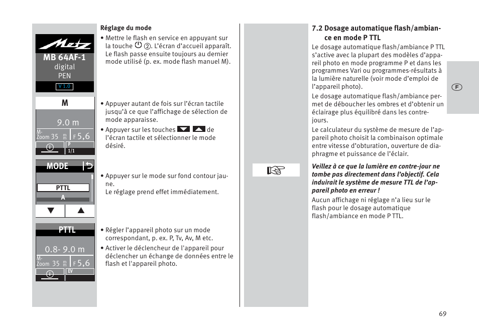 Mb 64af-1, Mode o, 9.0 m | Pttl | Metz MECABLITZ 64 AF-1 digital Pentax User Manual | Page 69 / 326