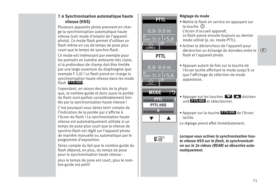 Mode o, 9.0 m, Pttl | Metz MECABLITZ 64 AF-1 digital Pentax User Manual | Page 71 / 326