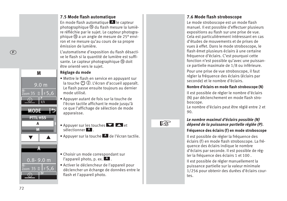 Mode o, 9.0 m | Metz MECABLITZ 64 AF-1 digital Pentax User Manual | Page 72 / 326