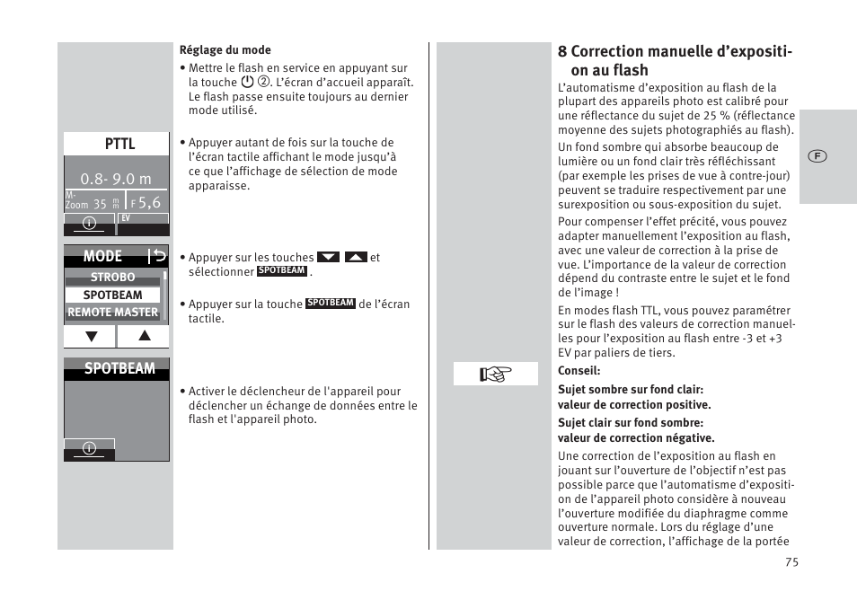 8 correction manuelle d’expositi- on au flash, 9.0 m, Pttl | Mode o, Spotbeam | Metz MECABLITZ 64 AF-1 digital Pentax User Manual | Page 75 / 326