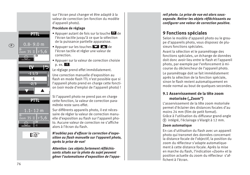 9 fonctions spéciales, 9.0 m, Pttl | Ev o, 12 m | Metz MECABLITZ 64 AF-1 digital Pentax User Manual | Page 76 / 326