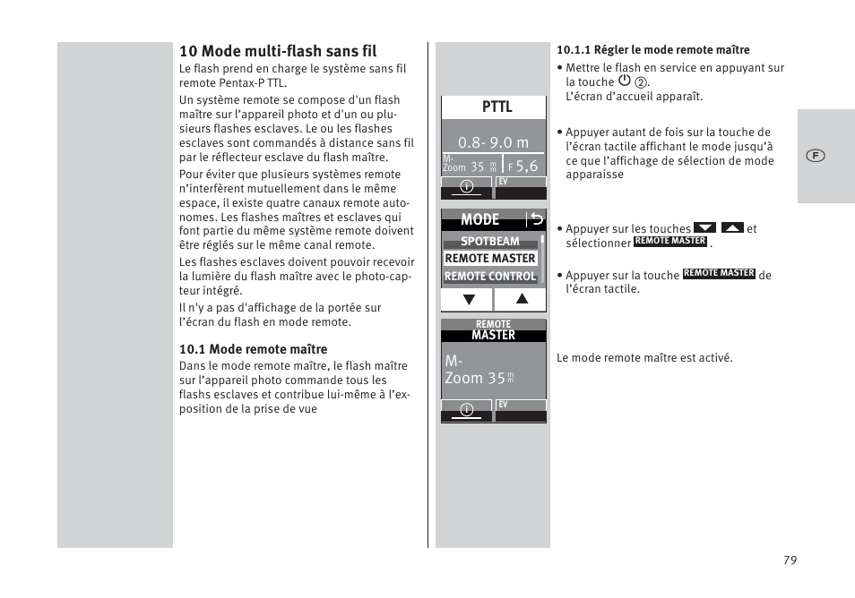 10 mode multi-flash sans fil, Mode o, 9.0 m | Pttl, M- zoom 35 | Metz MECABLITZ 64 AF-1 digital Pentax User Manual | Page 79 / 326