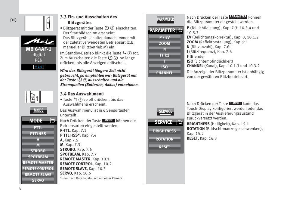 Mb 64af-1, Parameter o, Mode o | Service o | Metz MECABLITZ 64 AF-1 digital Pentax User Manual | Page 8 / 326