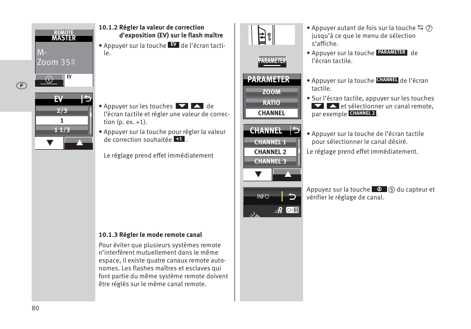 M- zoom 35, Ev o, Parameter | Channel o | Metz MECABLITZ 64 AF-1 digital Pentax User Manual | Page 80 / 326