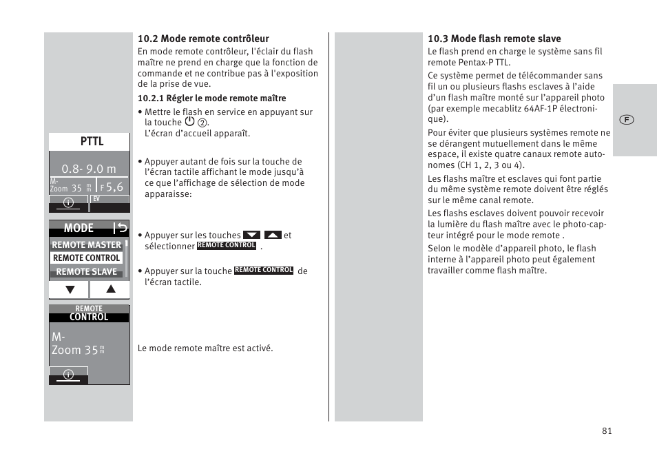 Mode o, 9.0 m, Pttl | M- zoom 35 | Metz MECABLITZ 64 AF-1 digital Pentax User Manual | Page 81 / 326