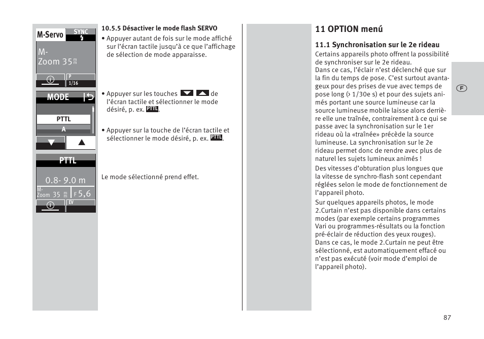 11 option menú, M- zoom 35 m-servo, Mode o | 9.0 m, Pttl | Metz MECABLITZ 64 AF-1 digital Pentax User Manual | Page 87 / 326