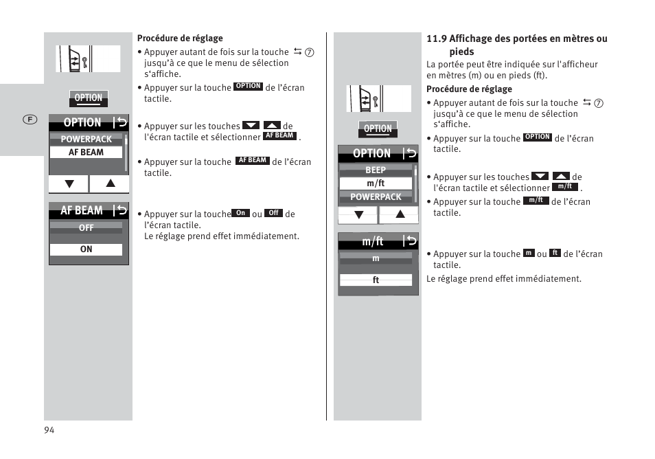 Option o, Af beam o, M/ft o | Metz MECABLITZ 64 AF-1 digital Pentax User Manual | Page 94 / 326