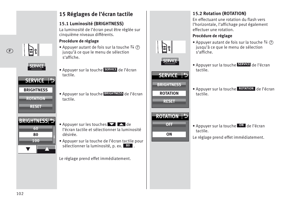 15 réglages de l’écran tactile, Service o, Brightness o | Rotation o | Metz MECABLITZ 64 AF-1 digital Nikon User Manual | Page 102 / 334