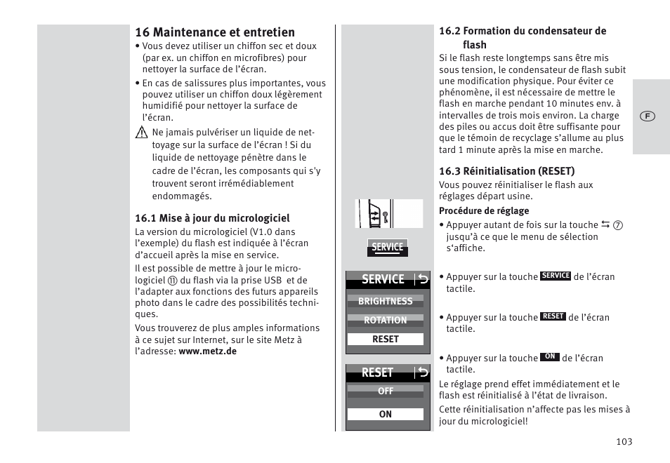 16 maintenance et entretien, Service o, Reset o | Metz MECABLITZ 64 AF-1 digital Nikon User Manual | Page 103 / 334