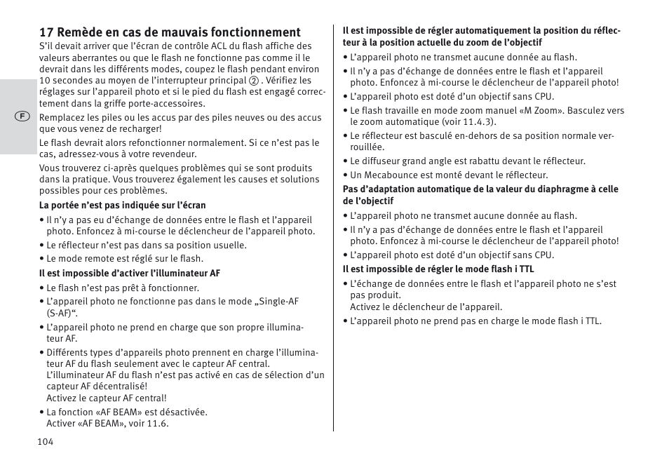 17 remède en cas de mauvais fonctionnement | Metz MECABLITZ 64 AF-1 digital Nikon User Manual | Page 104 / 334