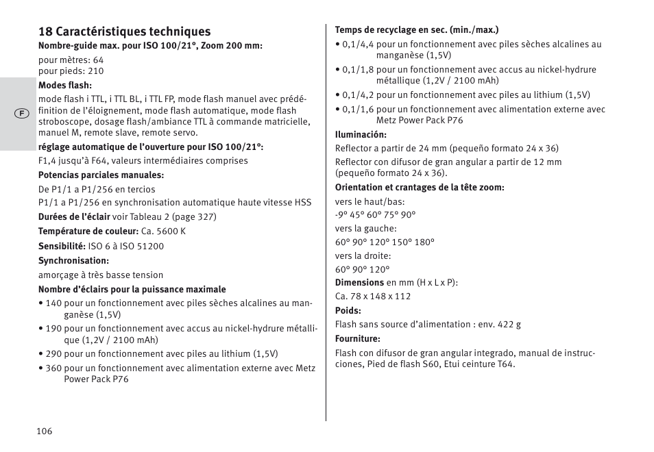 18 caractéristiques techniques | Metz MECABLITZ 64 AF-1 digital Nikon User Manual | Page 106 / 334