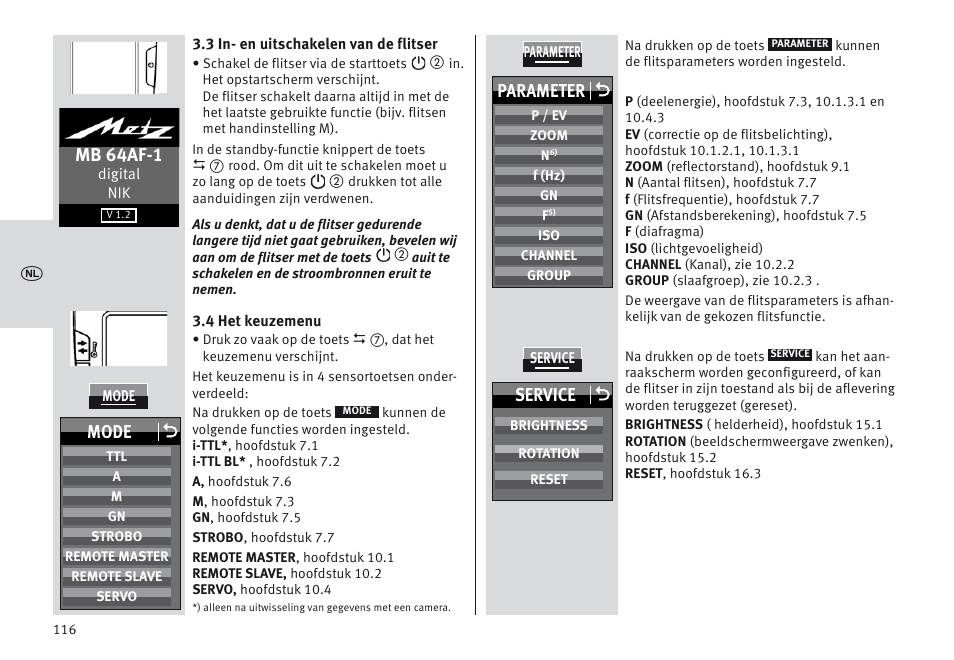 Mb 64af-1, Parameter o, Mode o | Service o | Metz MECABLITZ 64 AF-1 digital Nikon User Manual | Page 116 / 334