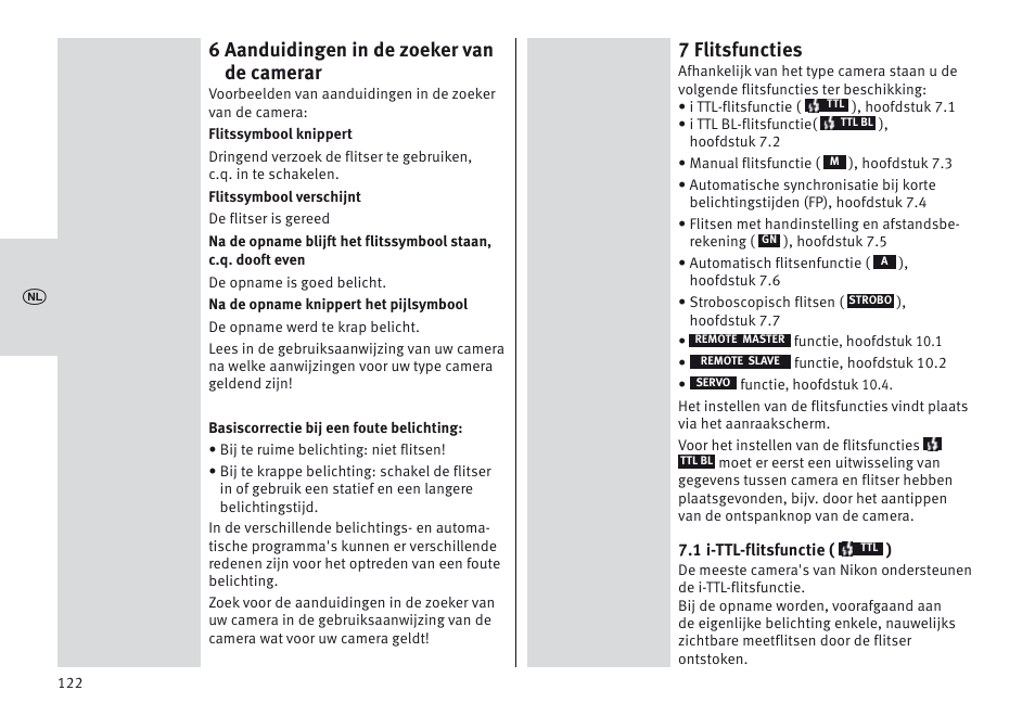 6 aanduidingen in de zoeker van de camerar, 7 flitsfuncties | Metz MECABLITZ 64 AF-1 digital Nikon User Manual | Page 122 / 334