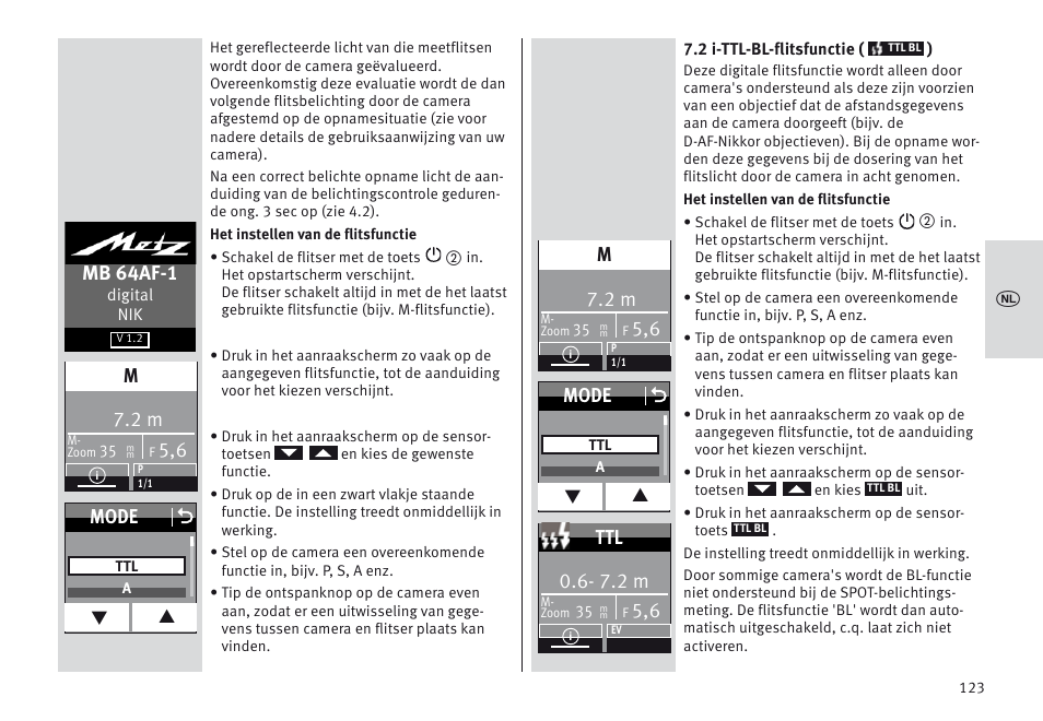 Mb 64af-1, Mode o, 7.2 m | Metz MECABLITZ 64 AF-1 digital Nikon User Manual | Page 123 / 334