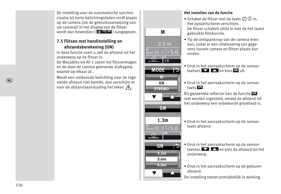 Mode o, Gn 1.3m, Gn o | Metz MECABLITZ 64 AF-1 digital Nikon User Manual | Page 126 / 334