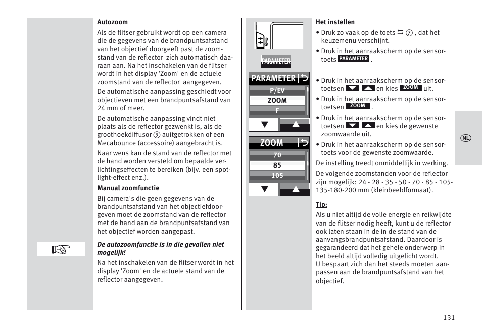 Parameter o, Zoom o | Metz MECABLITZ 64 AF-1 digital Nikon User Manual | Page 131 / 334