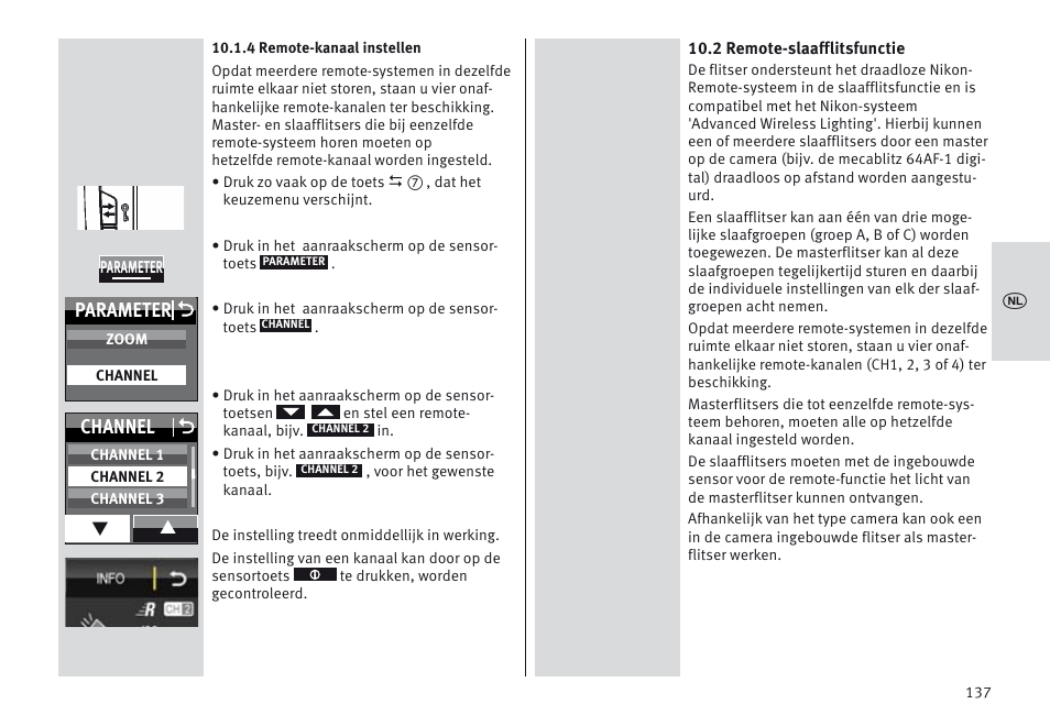 Parameter o, Channel o | Metz MECABLITZ 64 AF-1 digital Nikon User Manual | Page 137 / 334