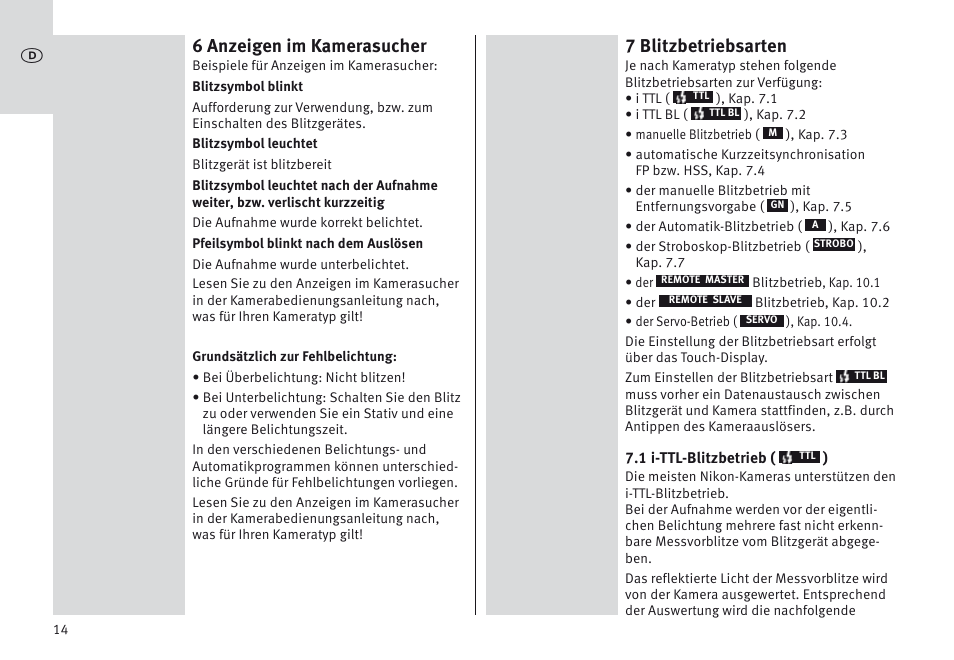 6 anzeigen im kamerasucher, 7 blitzbetriebsarten | Metz MECABLITZ 64 AF-1 digital Nikon User Manual | Page 14 / 334