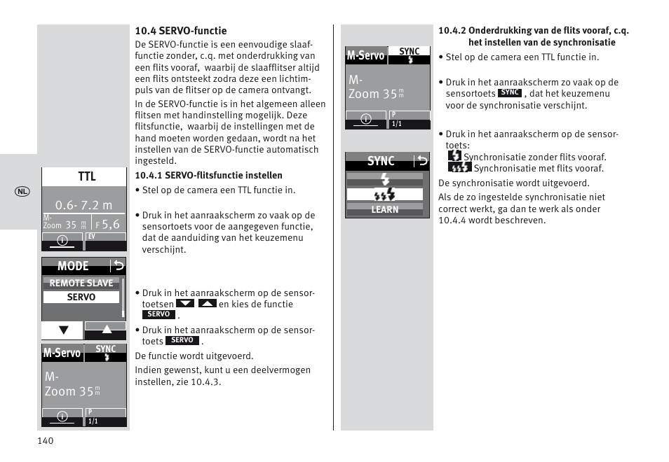 7.2 m, Mode o, M- zoom 35 m-servo | Sync o | Metz MECABLITZ 64 AF-1 digital Nikon User Manual | Page 140 / 334