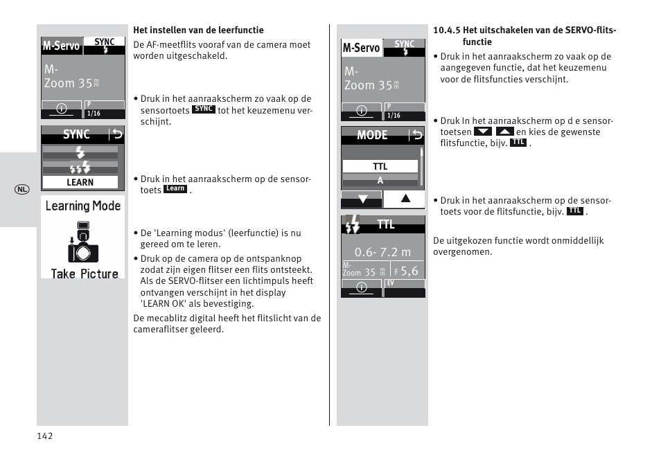 M- zoom 35 m-servo, Sync o, Mode o | 7.2 m | Metz MECABLITZ 64 AF-1 digital Nikon User Manual | Page 142 / 334