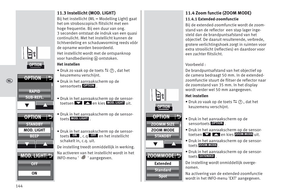 Mod. light o, Option o, Zoommode o | Metz MECABLITZ 64 AF-1 digital Nikon User Manual | Page 144 / 334