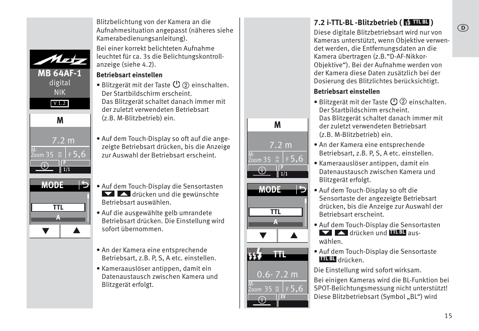 Mb 64af-1, Mode o, 7.2 m | Metz MECABLITZ 64 AF-1 digital Nikon User Manual | Page 15 / 334