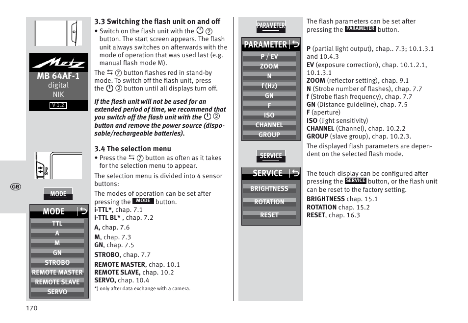 Mb 64af-1, Parameter o, Mode o | Service o | Metz MECABLITZ 64 AF-1 digital Nikon User Manual | Page 170 / 334