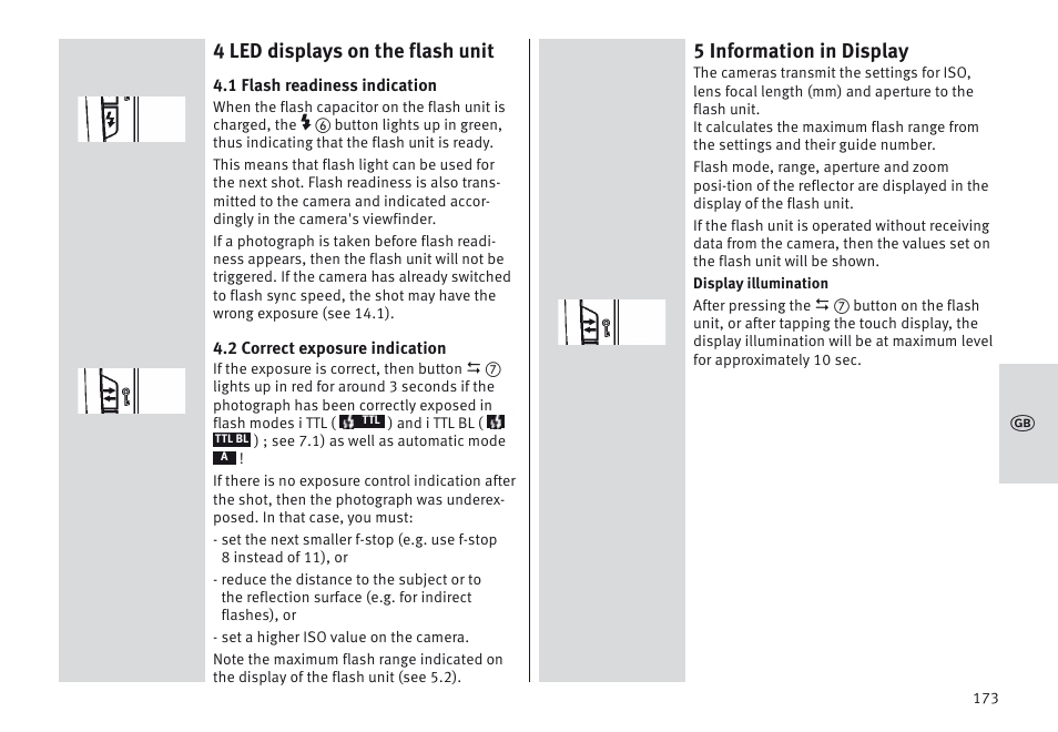 4 led displays on the flash unit, 5 information in display | Metz MECABLITZ 64 AF-1 digital Nikon User Manual | Page 173 / 334
