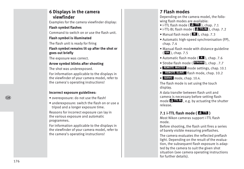 6 displays in the camera viewfinder, 7 flash modes | Metz MECABLITZ 64 AF-1 digital Nikon User Manual | Page 176 / 334