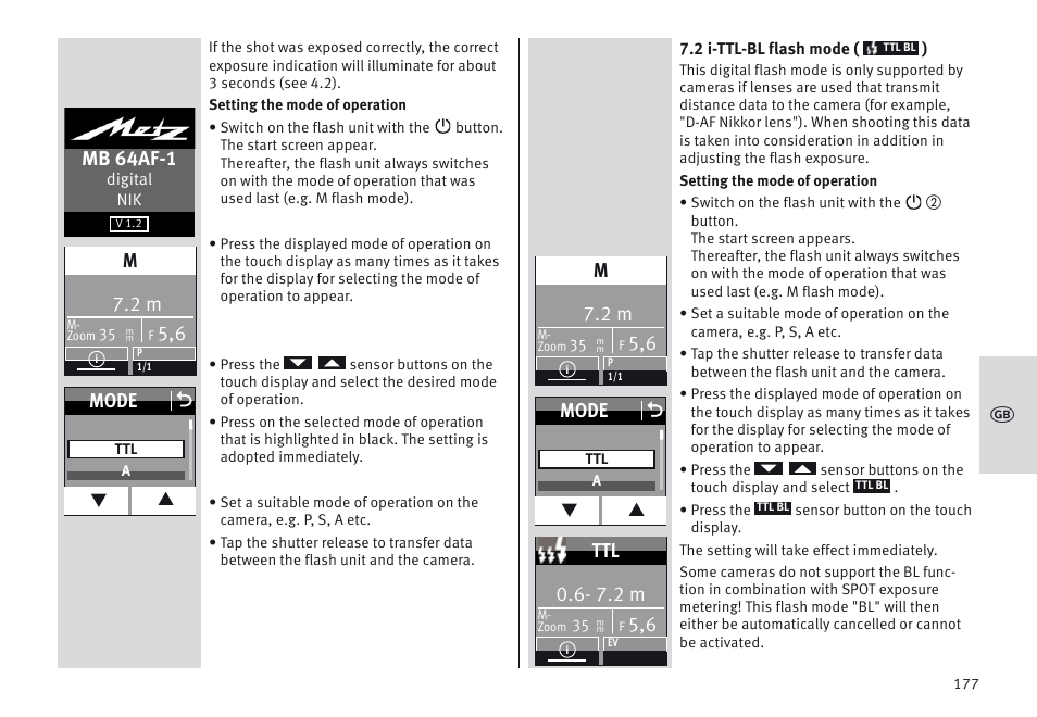 Mb 64af-1, Mode o, 7.2 m | Metz MECABLITZ 64 AF-1 digital Nikon User Manual | Page 177 / 334