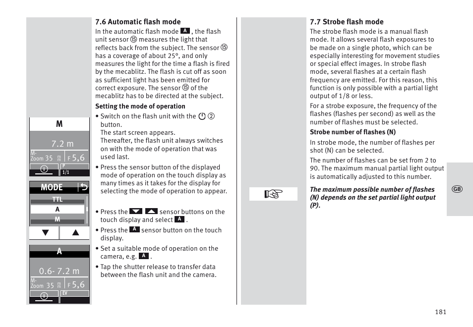 Mode o, 7.2 m | Metz MECABLITZ 64 AF-1 digital Nikon User Manual | Page 181 / 334
