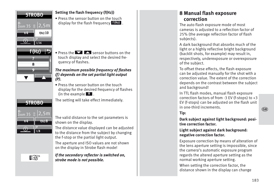8 manual flash exposure correction, F (hz) o, 2,5m | Strobo | Metz MECABLITZ 64 AF-1 digital Nikon User Manual | Page 183 / 334