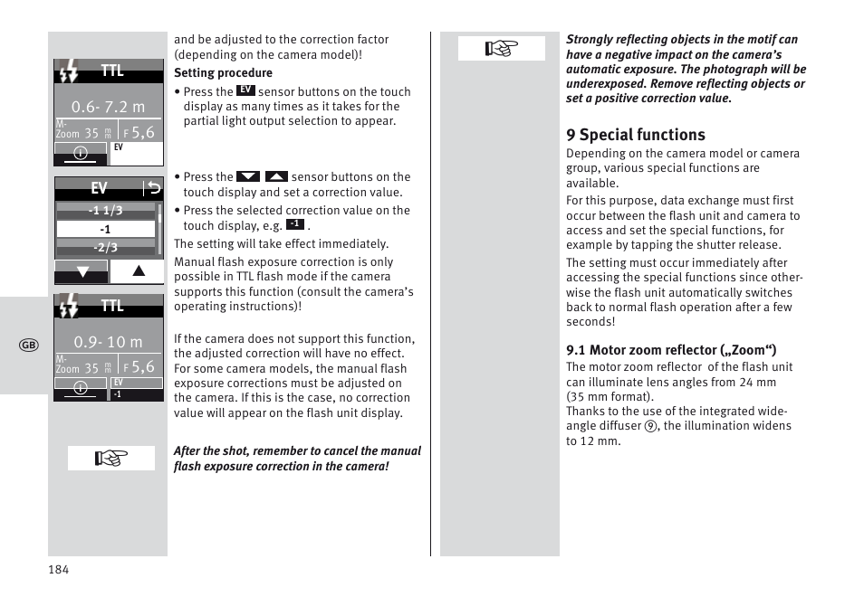 9 special functions, 7.2 m, Ev o | 10 m | Metz MECABLITZ 64 AF-1 digital Nikon User Manual | Page 184 / 334