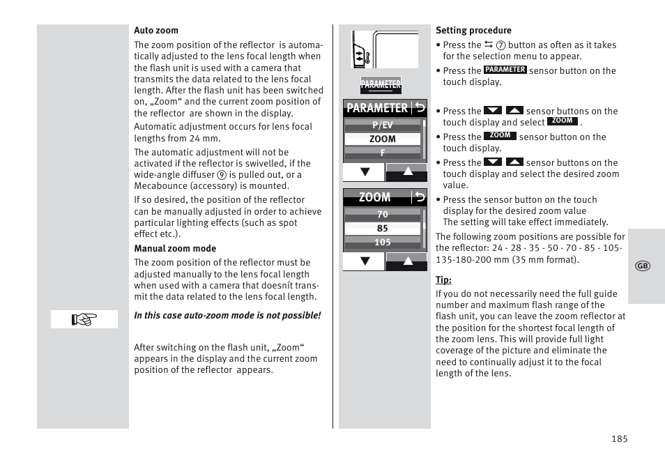Parameter o, Zoom o | Metz MECABLITZ 64 AF-1 digital Nikon User Manual | Page 185 / 334