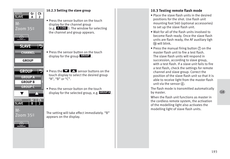 M- zoom 35, Slave o, Group o | Metz MECABLITZ 64 AF-1 digital Nikon User Manual | Page 193 / 334