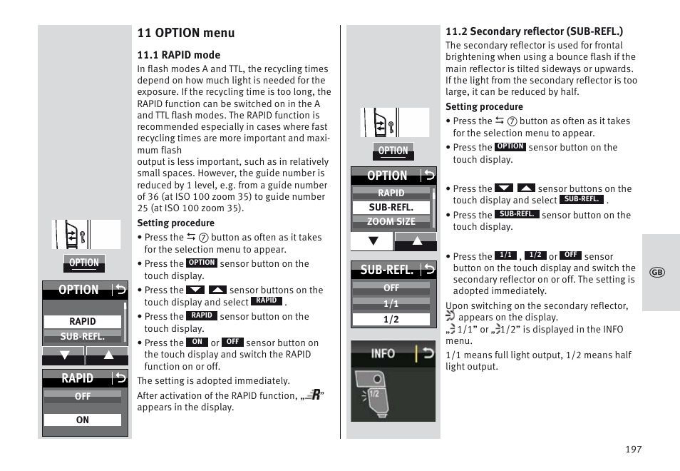 11 option menu, Option o, Rapid o | Sub-refl. o | Metz MECABLITZ 64 AF-1 digital Nikon User Manual | Page 197 / 334