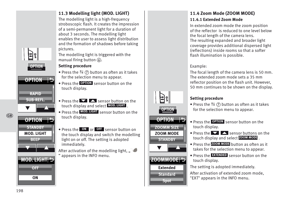 Mod. light o, Option o, Zoommode o | Metz MECABLITZ 64 AF-1 digital Nikon User Manual | Page 198 / 334