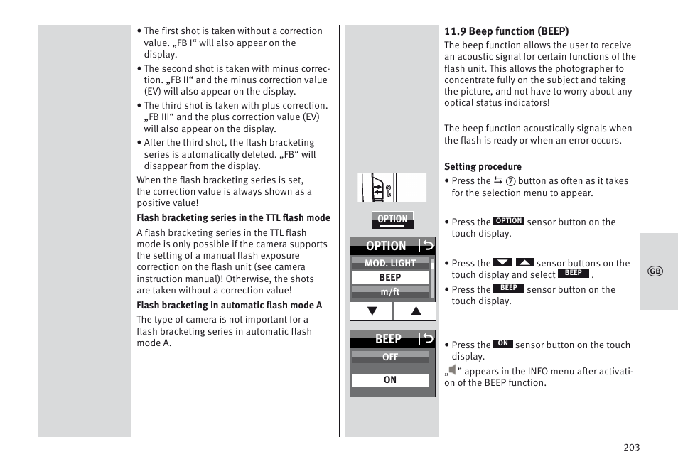 Beep o, Option o | Metz MECABLITZ 64 AF-1 digital Nikon User Manual | Page 203 / 334