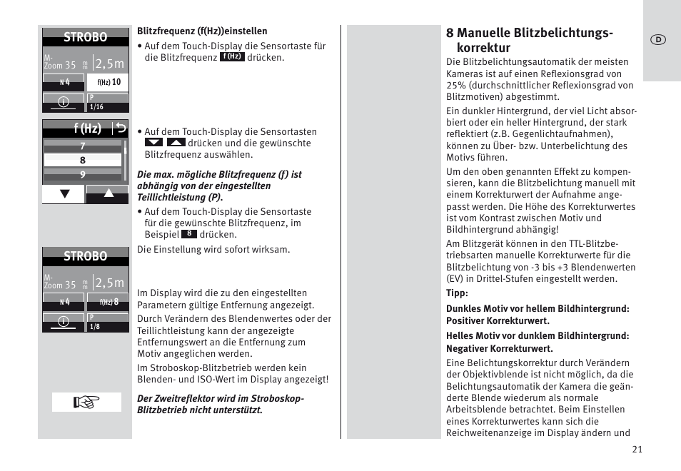 8 manuelle blitzbelichtungs- korrektur, F (hz) o, 2,5m | Strobo | Metz MECABLITZ 64 AF-1 digital Nikon User Manual | Page 21 / 334
