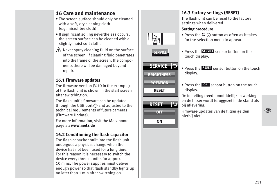 16 care and maintenance, Service o, Reset o | Metz MECABLITZ 64 AF-1 digital Nikon User Manual | Page 211 / 334