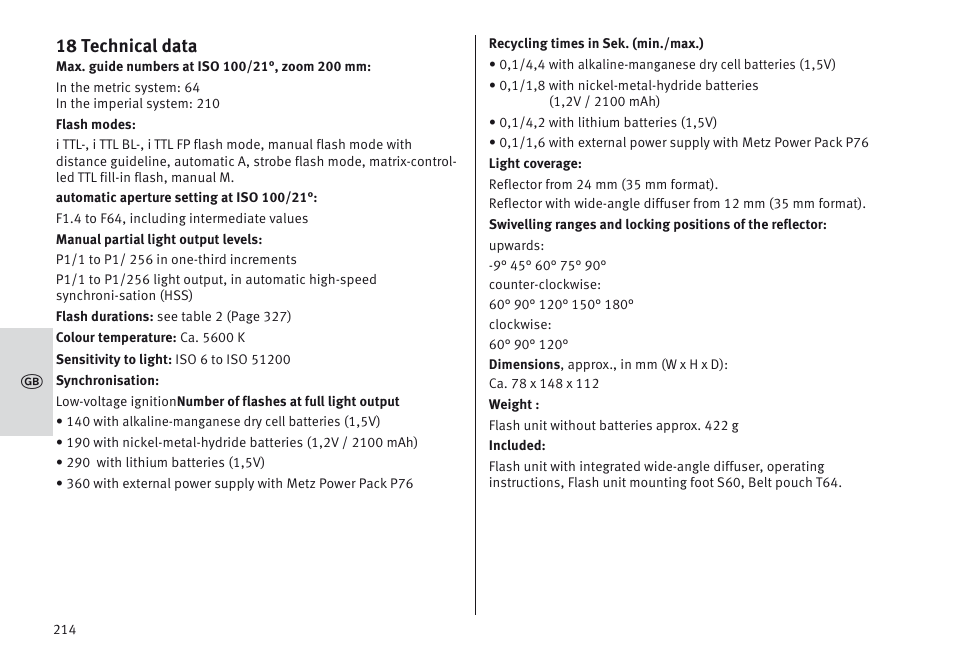 18 technical data | Metz MECABLITZ 64 AF-1 digital Nikon User Manual | Page 214 / 334