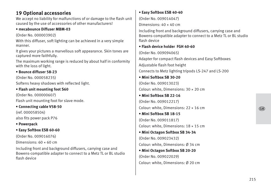 19 optional accessories | Metz MECABLITZ 64 AF-1 digital Nikon User Manual | Page 215 / 334