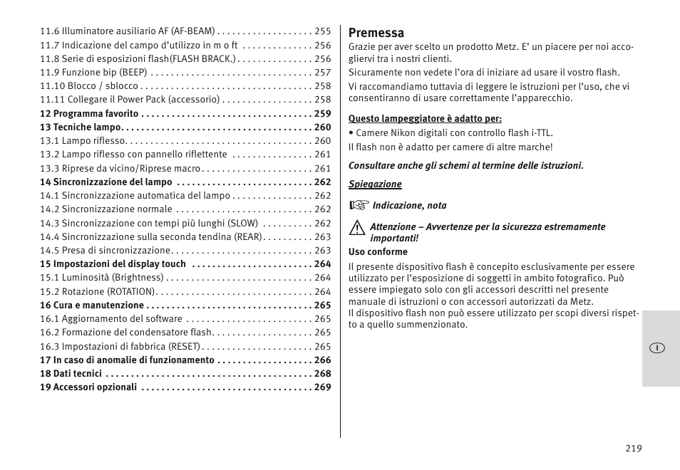 Premessa | Metz MECABLITZ 64 AF-1 digital Nikon User Manual | Page 219 / 334