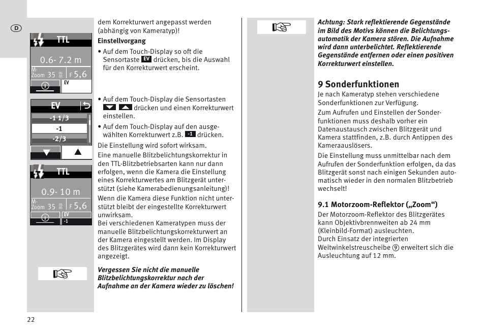 9 sonderfunktionen, 7.2 m, Ev o | 10 m | Metz MECABLITZ 64 AF-1 digital Nikon User Manual | Page 22 / 334