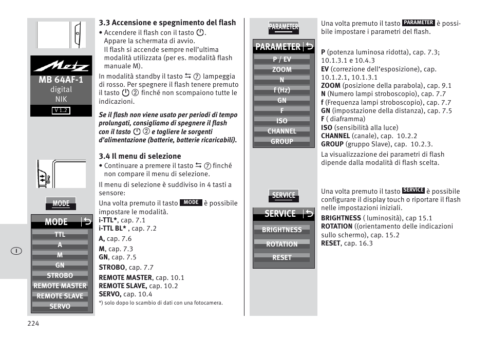 Mb 64af-1, Parameter o, Mode o | Service o | Metz MECABLITZ 64 AF-1 digital Nikon User Manual | Page 224 / 334