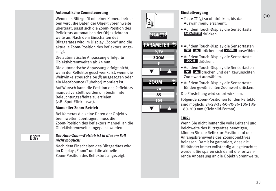 Parameter o, Zoom o | Metz MECABLITZ 64 AF-1 digital Nikon User Manual | Page 23 / 334