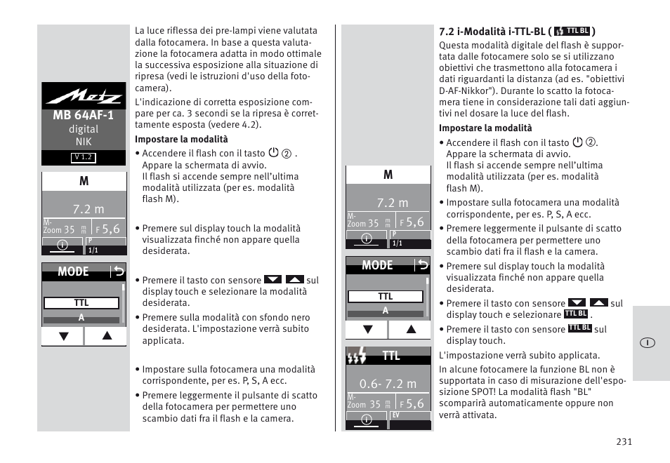 Mb 64af-1, Mode o, 7.2 m | Metz MECABLITZ 64 AF-1 digital Nikon User Manual | Page 231 / 334