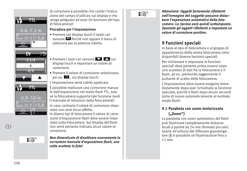 9 funzioni speciali, 7.2 m, Ev o | 10 m | Metz MECABLITZ 64 AF-1 digital Nikon User Manual | Page 238 / 334